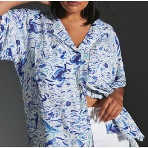Anthropologie Maeve Ocean Print Linen Button Down Classic Surf Shirt Medium